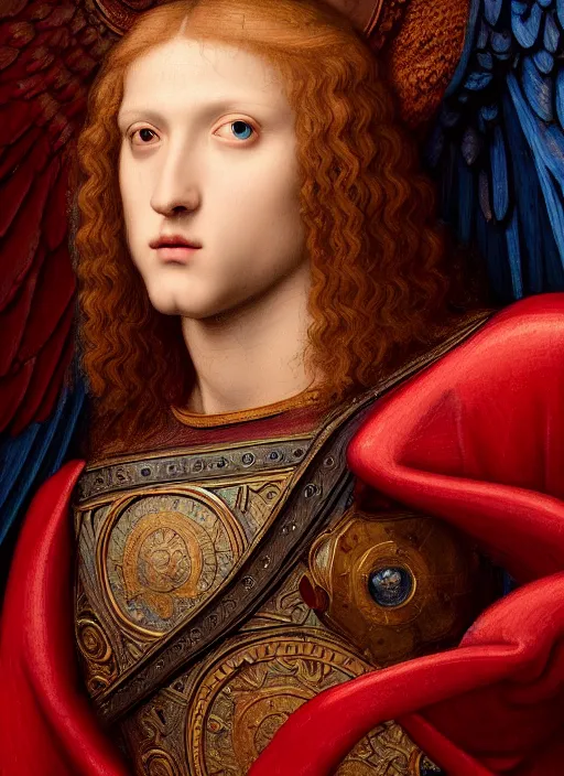 Image similar to a beautiful intricate renaissance painting portrait of a man angel aasimar knight in an ornate completely red heavy armor with a shining heavenly sword and giant blue wings, by Raphael, Leonardo DaVinci, great masterpiece, award winning historic painting, dynamic composition, trending on artstation,4k, 8k