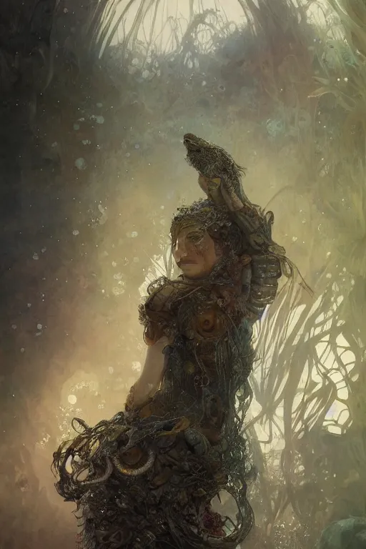 Image similar to a full body portrait of a beautiful post apocalyptic offworld neoicelandic biofarmer swimming by the fish tank, intricate, elegant, highly detailed, digital painting, artstation, concept art, smooth, sharp focus, illustration, art by krenz cushart and artem demura and alphonse mucha