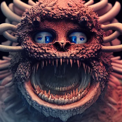 Image similar to cute chthonic fluffy monster by Ayami Kojima, Beksinski, Giger, vray render, unreal engine, 50mm lens, bottom angle