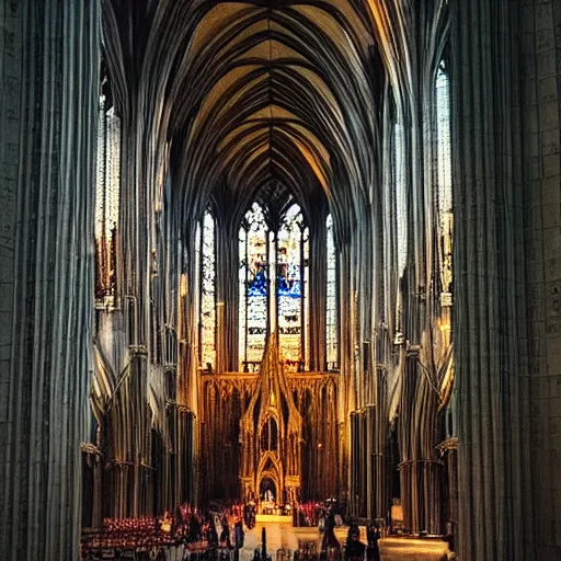 Prompt: “the interior of a beautiful gothic cathedral, majestic, cinematic, dramatic, golden hour, natural light, stained glass, people”