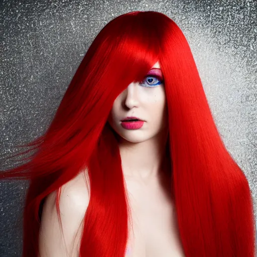 Prompt: Portrait of a young, stunningly beautiful woman with hair color divided into red and white on both sides, straight hair, award-winning photo, 4k, 8k, studio lighting, Nikon D6, 35mm