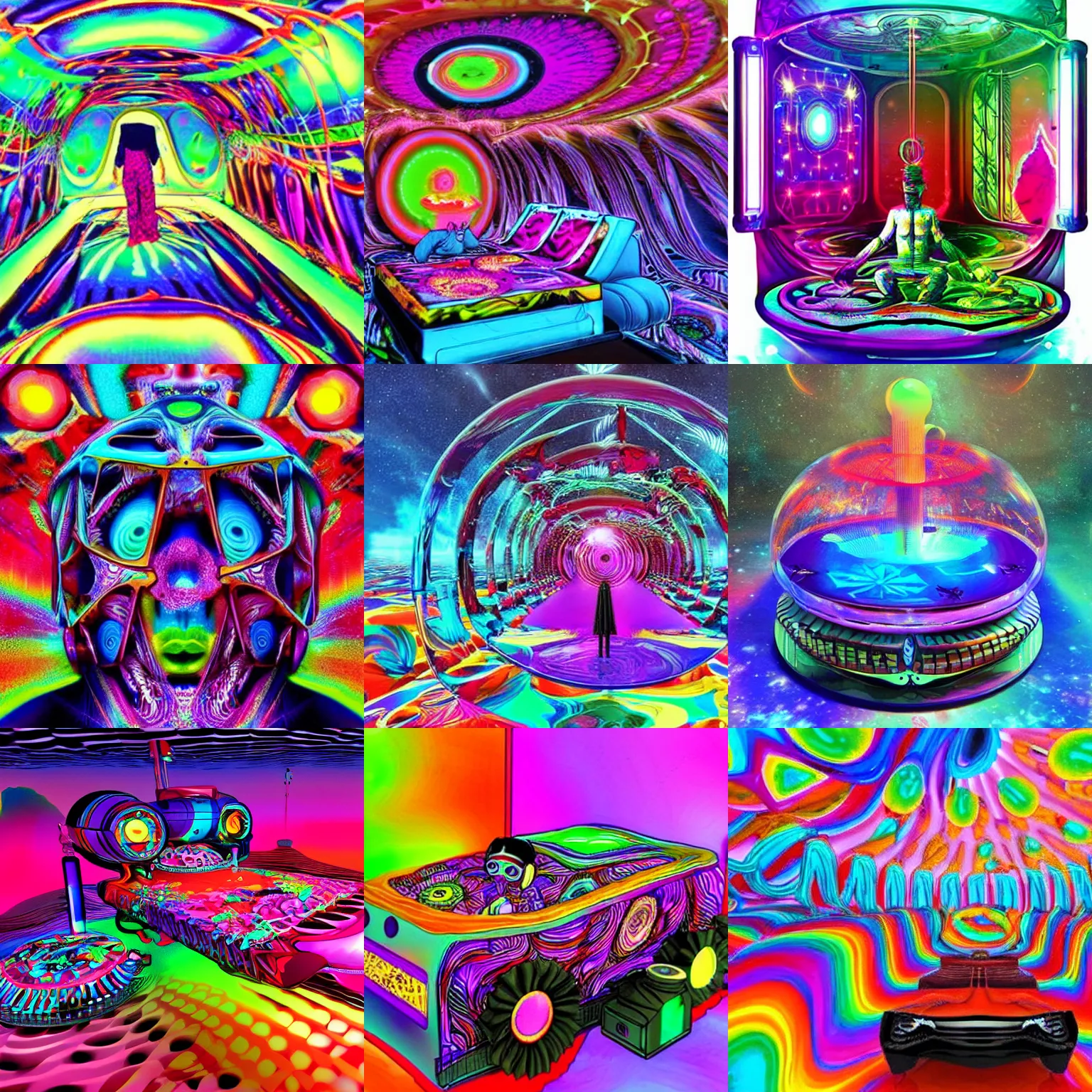 Prompt: lucid dreaming machine in the year 2080, hallucinogenic, very colorful and weird, psychedelic