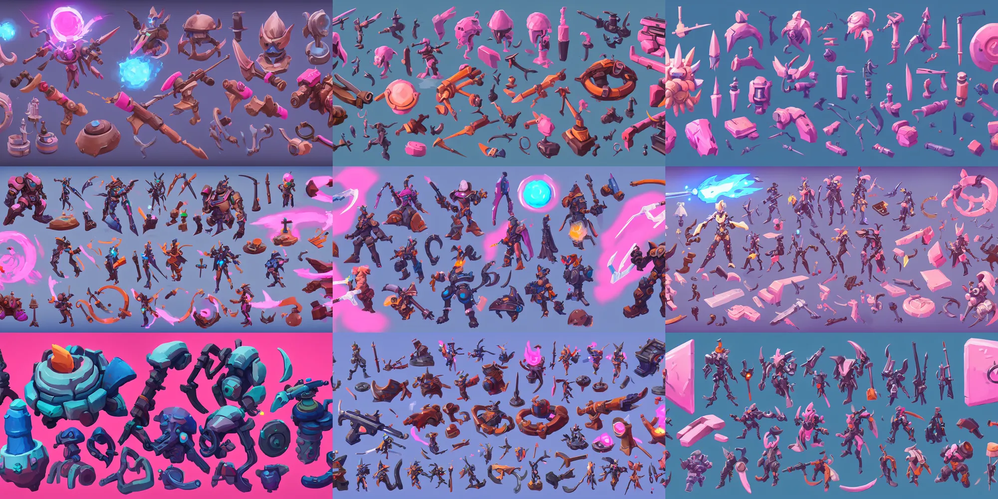 Prompt: game asset of complex little items, in gouache detailed paintings, props, stylized, 2 d sprites, kitbash, arcane, overwatch, blue and pink color scheme, 8 k, close up