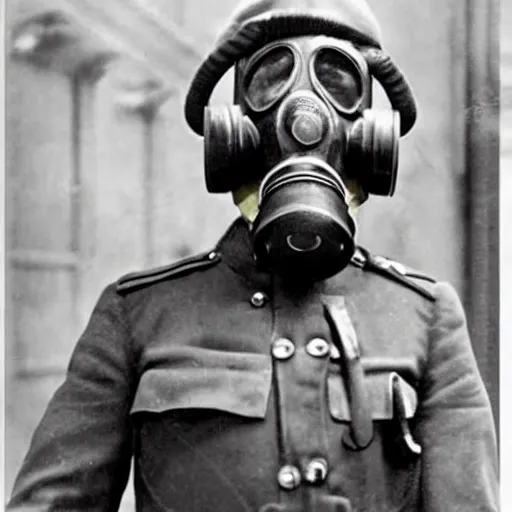 Image similar to police officer posing wear gas mask during world war ii in istanbul, photo, realistic