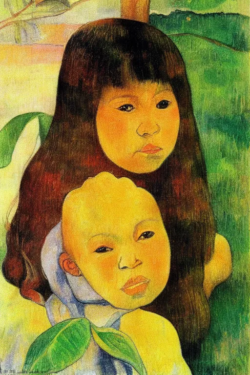 Image similar to “ cute mango girl portrait drawn by paul gauguin ”