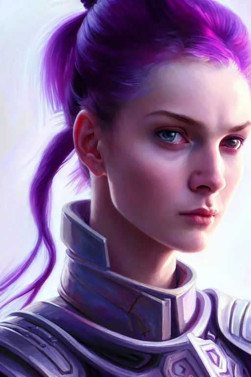 Image similar to alexey gurylev, close up portrait, young pale woman in sci - fi armor with purple ponytail hair, stoic, focused, powerful, d & d, fantasy, complex, elegant, highly detailed, digital painting, artstation, concept art, matte, clear focus, illustration, hearthstone, artgerm art, greg rutkovsky and alphonse mucha