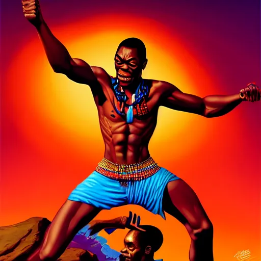 Image similar to fela kuti by clyde caldwell, ilya kuvshinov, rossdraw, very detailed, dramatic colors, 4 k