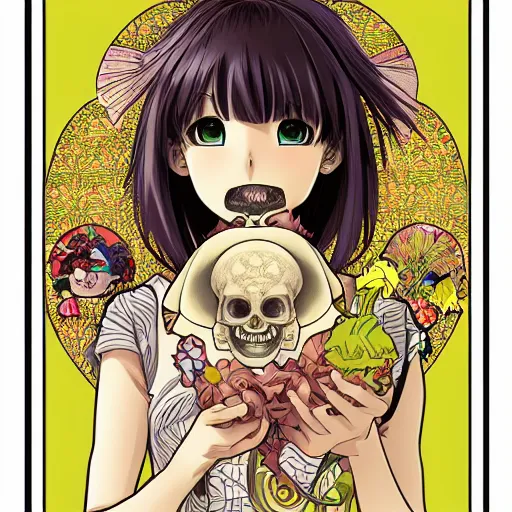 Image similar to anime manga skull portrait girl female dora the explorer skeleton illustration hyperrealistic art Geof Darrow and will cotton alphonse mucha pop art nouveau