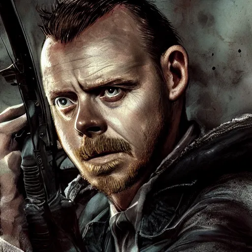 Image similar to simon pegg portrait, horror core, apocalyptic, winchester rifle, sharp focus, fiction, hyper detailed, digital art, trending in artstation, cinematic lighting, studio quality, smooth render, unreal engine 5 rendered, octane rendered, art style and nixeu and wlop and krenz cushart