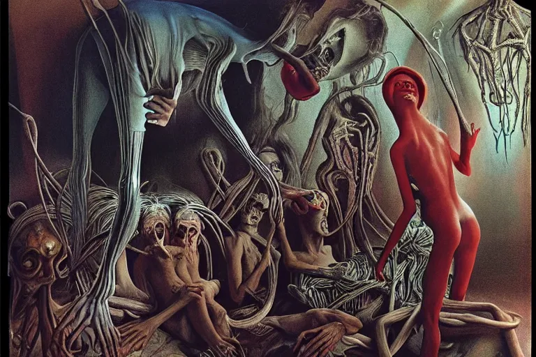 Prompt: 35mm color, identity, portrait, fashion shoot, freak show, weird, random, strange, hyperdetailed, photorealistic, high fashion, interesting, child birth suite, by David la chapelle h r giger and and karol bak and david cronenberg and WETA digital, art by Zdzisław Beksiński, Ivan Bilibin, Dariusz Zawadzki , ID magazine, octane rendering, cinematic, hyperrealism, octane rendering, 8k, depth of field, bokeh.