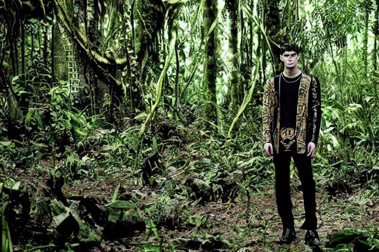 Image similar to versace avant garde male tunics intricate modern choatic textiles streetwear cyberpunk posing in the jungle woods cloudy overcast dark dramatic mysterious 3 5 mm professional