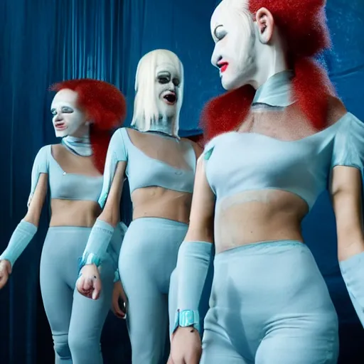 Image similar to troop of cloned freakshow women with white bob hairdos, tight light blue neopren suits, futuristic production facility, sci - fi, highly detailed, cinematic