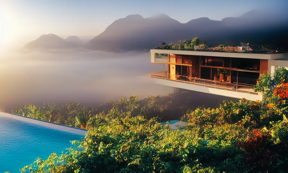 Image similar to 35mm film still, morning light over futuristic low-Fi villa in mountains high up, view over valley, fog in valley, the beach at a tropical island, vivid , color palette of gold, infinity pool in front of house