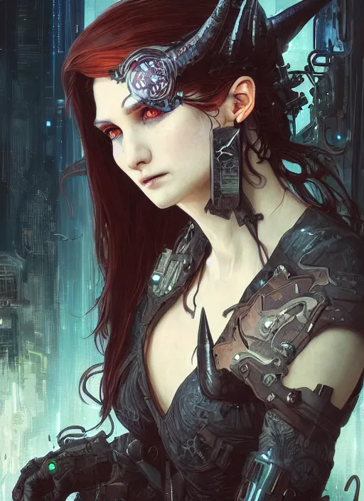 Image similar to a beautiful illustration of a cyberpunk witch with horns in head, intricate, sharp focus, illustration, highly detailed, digital painting, concept art, matte, art by wlop and artgerm and greg rutkowski and alphonse mucha, masterpiece