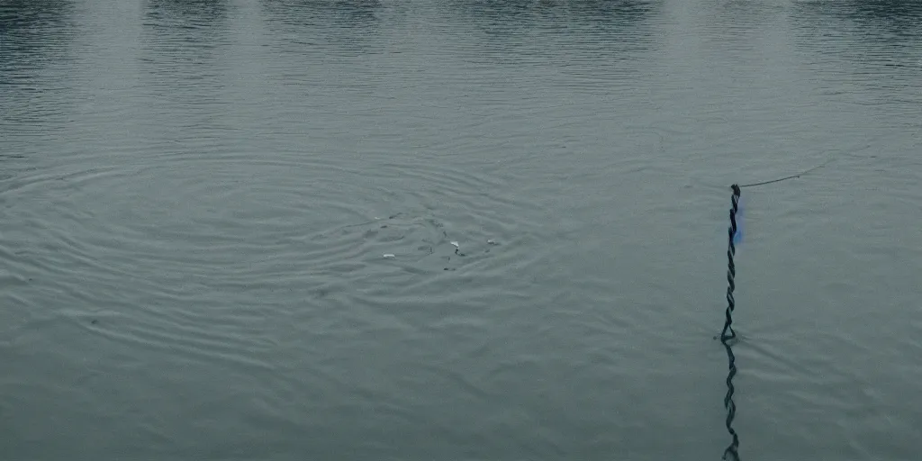 Image similar to an infinitely long rope floating to surface of water snaking zig zag in the center of the lake, overcast lake, 2 4 mm leica anamorphic lens, moody scene, stunning composition, hyper detailed, color kodak film stock