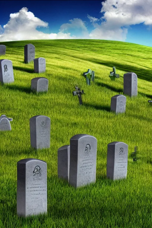 Prompt: realistic detailed, 4 k windows xp bliss hills screensaver with a graveyard, with many gravestones