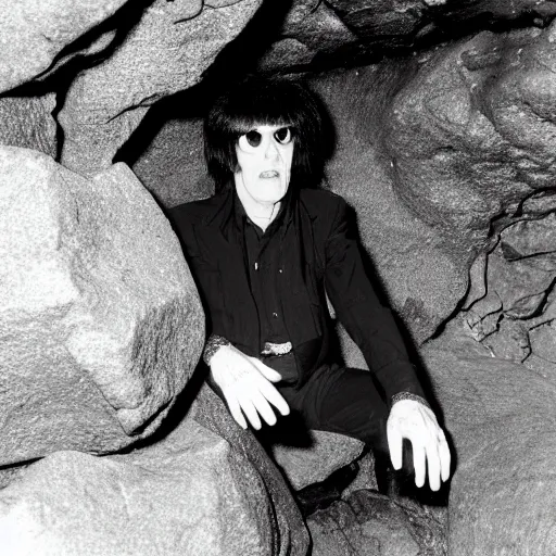 Prompt: lux interior hiding behind a rock in a cave