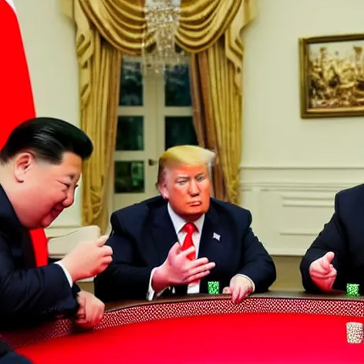 Image similar to putin trump xi kim jong un playing poker at a round table award winning photo realistic