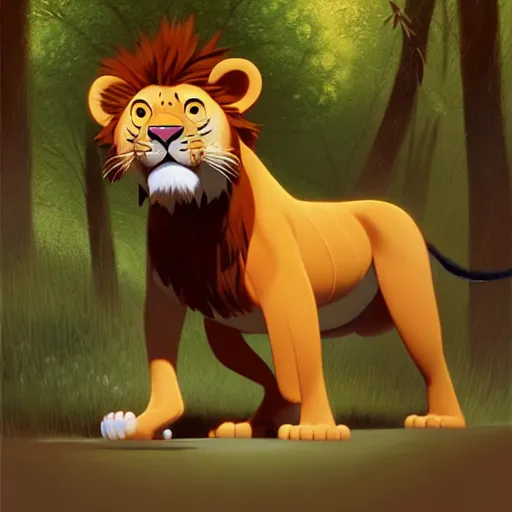 Image similar to goro fujita ilustration a lion tiger walking in the forest, painting by goro fujita, sharp focus, highly detailed, artstation
