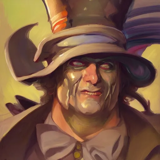 Image similar to greg manchess portrait painting of partially armored mad hatter from alice in wonderland as overwatch character, wacky, medium shot, asymmetrical, profile picture, organic painting, sunny day, matte painting, bold shapes, hard edges, street art, trending on artstation, by huang guangjian and gil elvgren and jesper ejsing