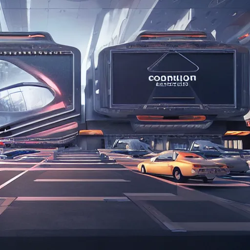 Image similar to sci-fi cars 50% of canvas in center and wall near structure on the coronation of napoleon painting and digital billboard in the middle and everything in style of zaha hadid and suprematism forms unreal engine 5 keyshot octane artstation trending bladerunner lighting ultra high detail ultra photo realistic 8k 16k in plastic dark tilt shift