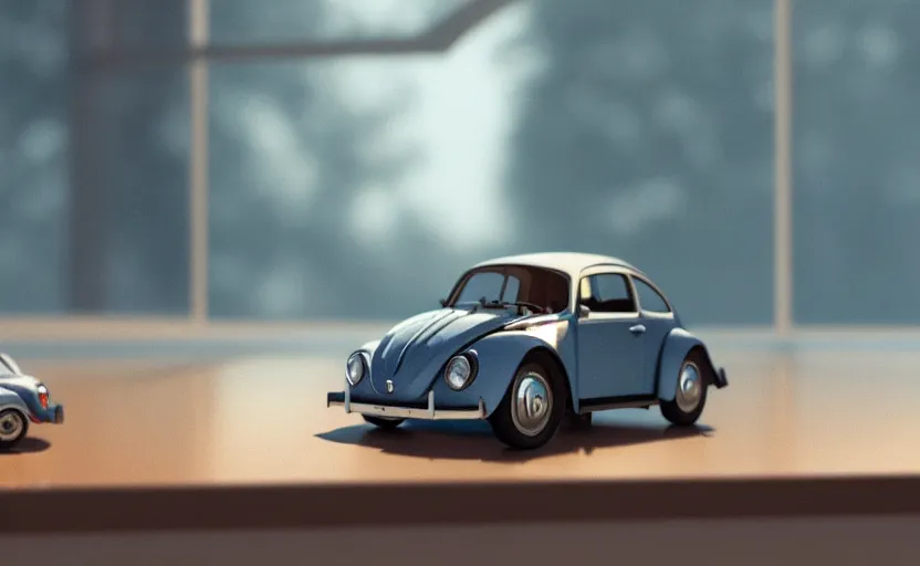 Image similar to a miniature of a VW Beetle on a bookshelf near a window at sunset, DOF, octane render, unreal engine 5, godrays, complementary colors, calm, symmetrical, highly detailed, high quality, 4k, beautiful, hyperrealistic