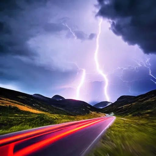 Prompt: zerglings rushing towards black pontiac firebird trans - am driving towards the camera, norway mountains, valley, large lake, dynamic, cinematic, motionblur, volumetric lighting, wide shot, low angle, red glow in sky, large lightning storm, thunder storm