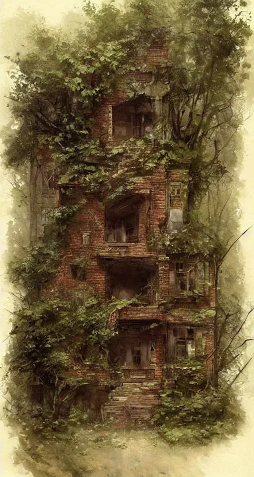 Prompt: (((((a ramshackle manhattan brick brownstone deep in the forest, completely overgrown))))) by Jean-Baptiste Monge!!!!!!!!!!!!!!!!!!!!!!!!!!!