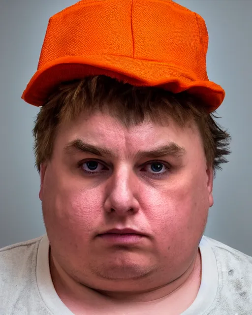 Image similar to prison mugshot of real - life eric cartman, bright flash, orange prison shirt, low saturation, somber expression, filthy hair, rugged textured face, soft vignette, soft focus, 5 0 mm, 4 k, nypd