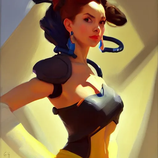 Prompt: greg manchess portrait painting of abigale shapiro as overwatch character, medium shot, asymmetrical, profile picture, organic painting, sunny day, matte painting, bold shapes, hard edges, street art, trending on artstation, by huang guangjian and gil elvgren and sachin teng