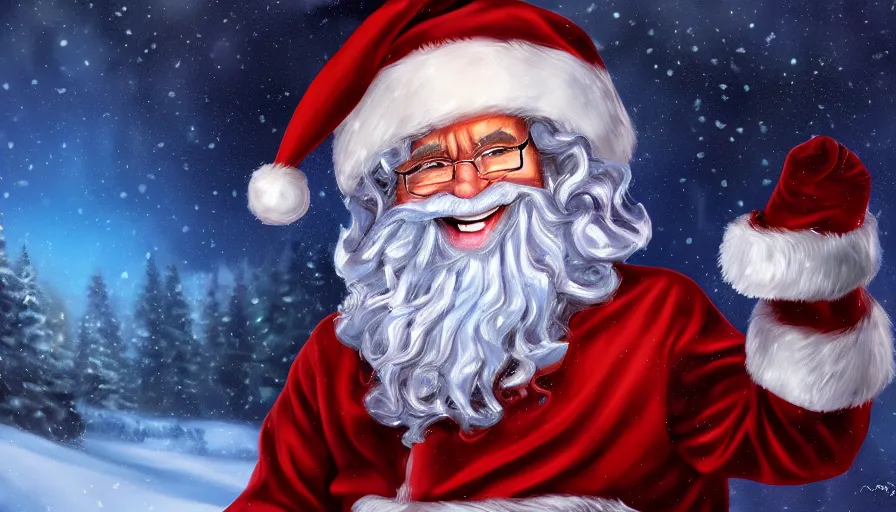 Prompt: Digital painting of Bob Ross as Santa Claus, hyperdetailed, artstation, cgsociety, 8k