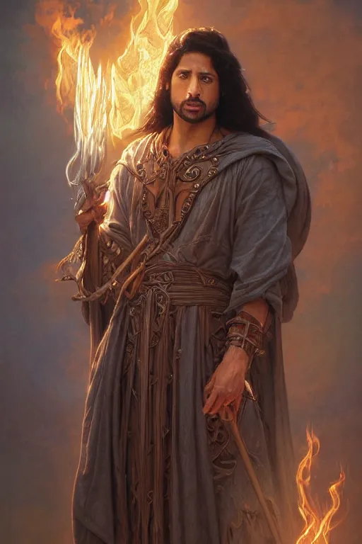 Image similar to Adam Rodriguez, druid, cleric, flame spell, burning hands, bicpes, muscular, D&D, fantasy, intricate, cinematic lighting, highly detailed, beautiful, digital painting, artstation, masterpiece, concept art, smooth, sharp focus, illustration, art by Artgerm and Greg Rutkowski and Alphonse Mucha and william-Adolphe Bouguereau