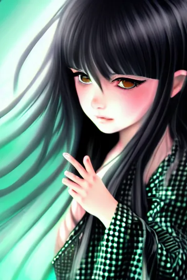 Image similar to mysterious girl child with her long black hair dressed in a chequered robe anime art style, big green diamond on her hand, digital art, hd, 4 k, hyper detailed