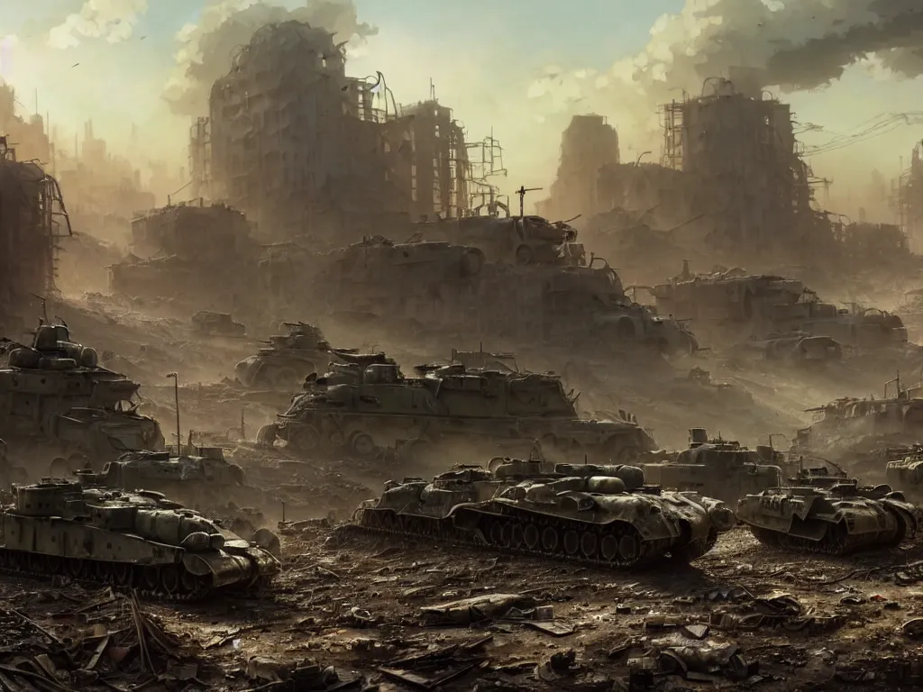 Image similar to a highly detailed matte painting of a post apocalyptic irradiated warzone with broken world war one tanks, discarded power armor and survivors scavenging the ruins, by studio ghibli, makoto shinkai, by artgerm, by wlop, by greg rutkowski, volumetric lighting, octane render, 4 k resolution, trending on artstation, masterpiece