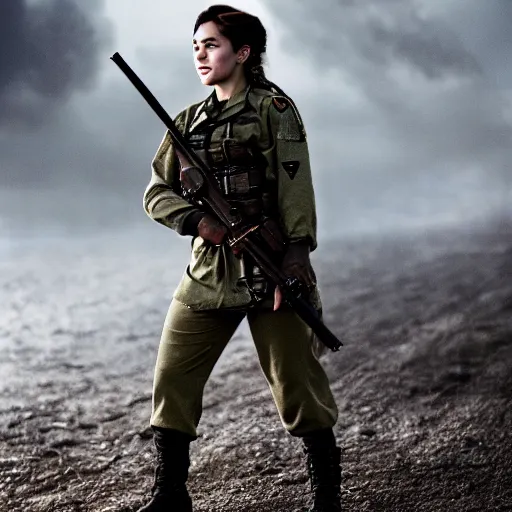 Prompt: a photograph of emilia clark as a female soldier, cinematic lightening, professional, pentax k 1 0 0 0, sharp focus