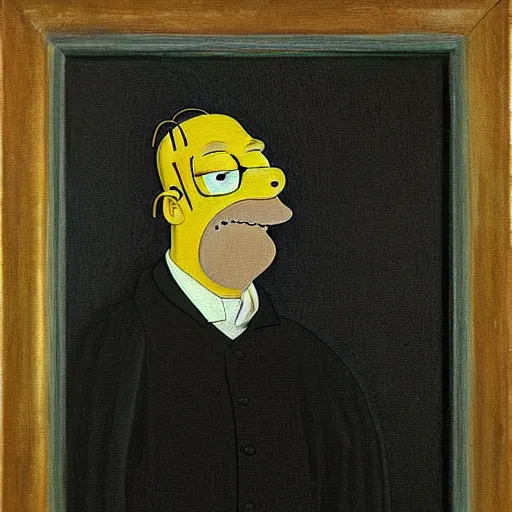 Image similar to Homer Simpson, oil on canvas, very detailed, realistic, painted by David Caspar Friedrich