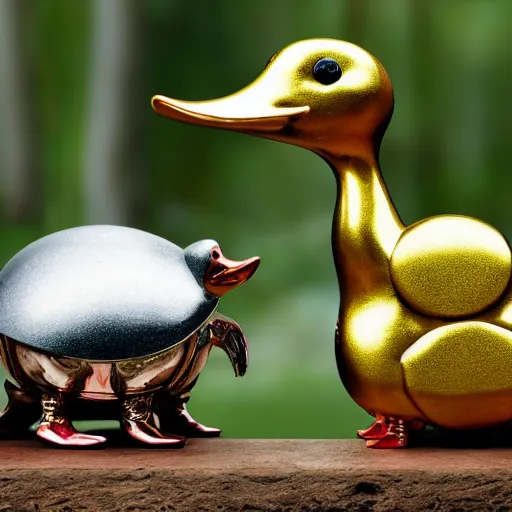 Image similar to a chrome - plated duck with a golden beak arguing with an angry turtle in a forest.