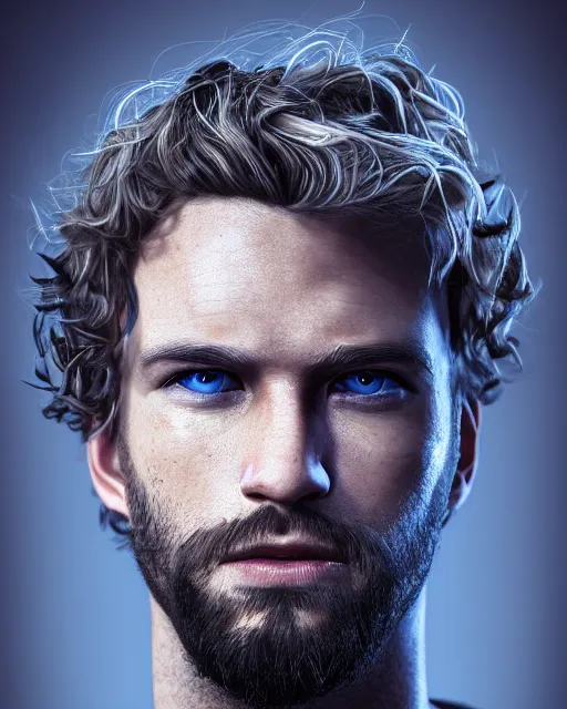 Image similar to portrait of a man in his mid - twenties with dull blue eyes, curly blond hair, short goatee, ultra realistic, epic, highly detailed, hd, sharp focus, cinematic lighting, realistic, dreamy, vivid colors, dreary, morose, matt painting, digital art, non blurry, sharp, artstation, concept art, smooth, illustration