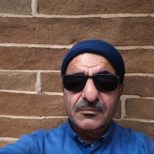 Image similar to my Kurdish dad accidentally taking a selfie with the front camera, squinting because the camera flash is so bright in his face, 4k uhd photo