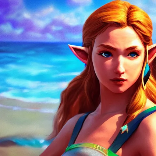 Prompt: a hyper real comic book style portait painting of beautiful zelda on the beach, unreal 5, hyperrealistic, octane render, cosplay, rpg portrait, dynamic lighting