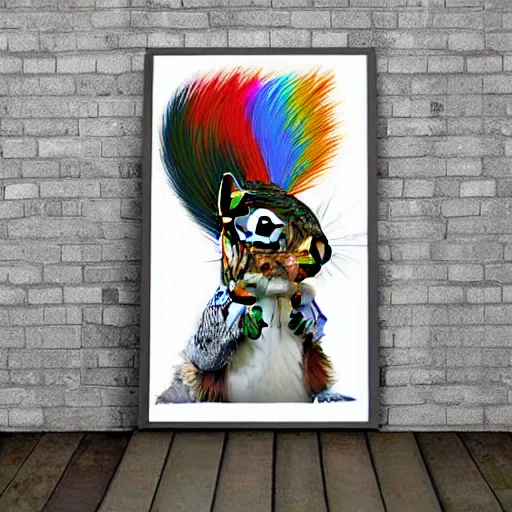 Prompt: Cool looking squirrel with a styled colorful mohican haircut, wall art, by Banksy, masterpiece, award-winning, hyperdetailed, photorealistic