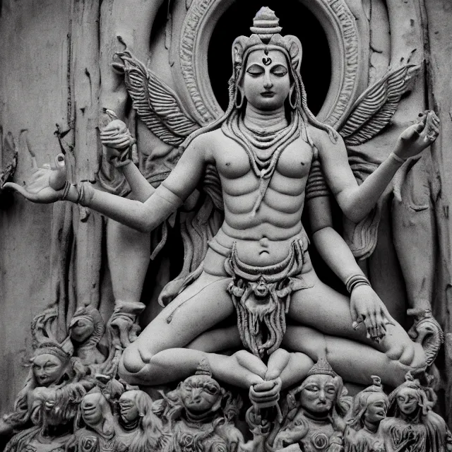 Image similar to sacred hindu flesh temple, shiva statue at the center, angel statue motives, 8 0's horror movie film still, highly detailed, symmetry, award - winning photography, 1 2 0 mm