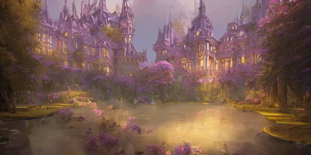 Prompt: fantasy royal palace near the lake, lilac bashes, Art Nouveau architecture, art by Finnian MacManus , Marc Simonetti, Thomas Scholes, Peter Mohrbacher, volumetric lighting style, highly detailed, intricate, artstation, digital paining, matte painting, 8K