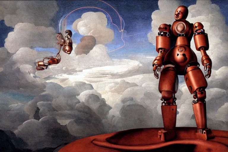 Prompt: modern mechanical robot on the clouds is touching a human with lightning fingers, hal 9 0 0 0, classical religious painting, michelangelo, concept art, stanley kubrick