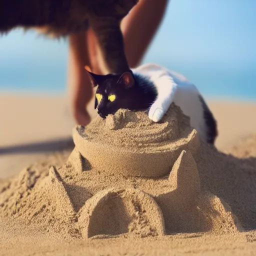 Image similar to photo of a cat building a sandcastle on a beach, photorealistic, 8 k photo, golden hour, award winning editorialized