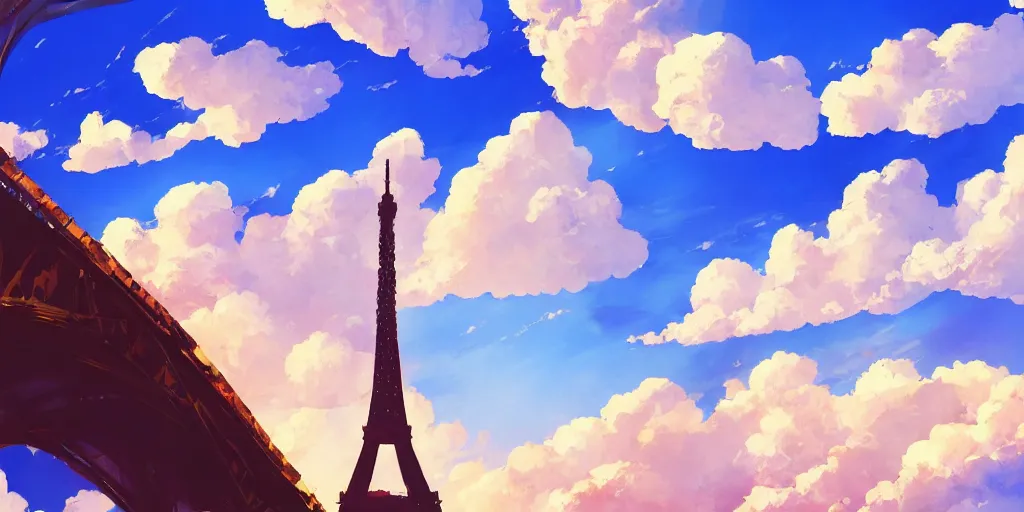 Image similar to a view on eiffel tower with amazing clouds and blue sky, in the style of makoto shinkai anime and studio ghibli anime, colorful, romantic, 4 k resolution,