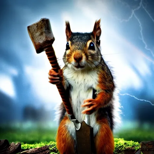 Image similar to a squirrel with thor outfit ~ holding the hammer ~ photorealistic ~ dramatic thunder background ~ trending ~