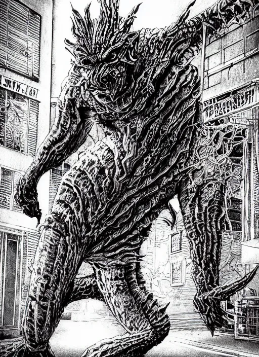 Image similar to detailed manga comic a sleeper stalker monster creature designed by backrooms, silent hill 2, neill blomkamp, gantz, in toronto spadina ave. neighbourhood in the 1 9 9 0's. polaroid, high production value, intricate details, 8 k resolution, hyperrealistic, hdr, photorealistic, high definition, tehnicolor, masterpiece, amazing colors,