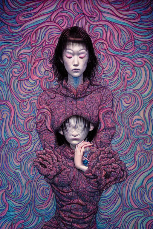 Image similar to realistic detailed image of a woman in a stray jacket laying in a padded room, conjuring psychedelic background, part by takato yamamoto, part by alex gray, ross tran, james jean, ultra realistic, octane render, highly detailed, very cohesive, 8 k, trending on artstation, cosmic, masterpiece