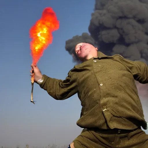 Prompt: a funny, intimidated ukrainian with a chub on his head in a vyshvanka is jumping trying to dodge napalm on the ground from a nuclear mushroom in the background